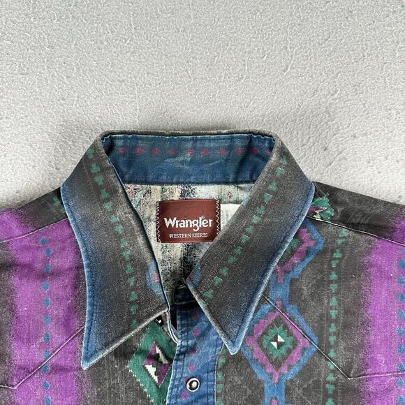 Vintage Wrangler Shirt Men’s Large Aztec Western Snap Brushpopper Rodeo Cowboy - Picture 5 of 16